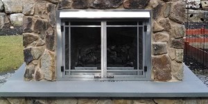 closeup of outdoor stone fireplace