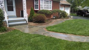 custom stone walkway leading off in 2 directions to garage and street